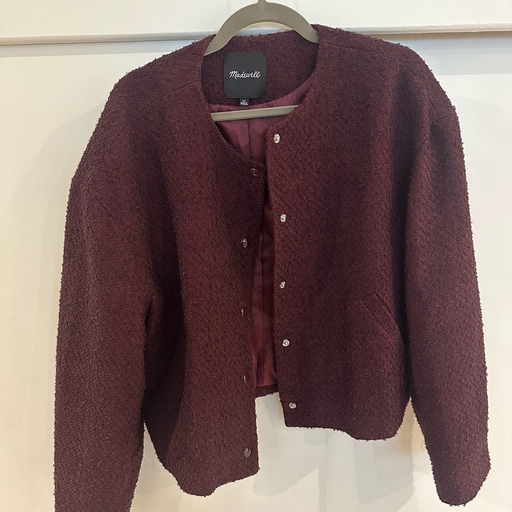 Madewell Women's Burgundy Collarless Tweed Jacket